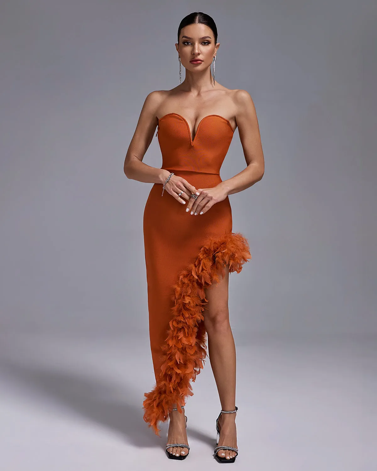 Strapless Feather Trim Bandage Long Dress