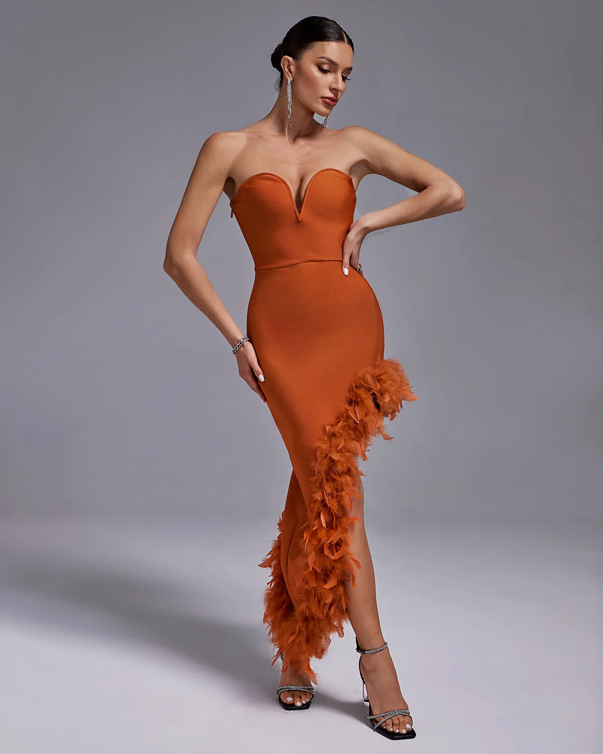 Strapless Feather Trim Bandage Long Dress