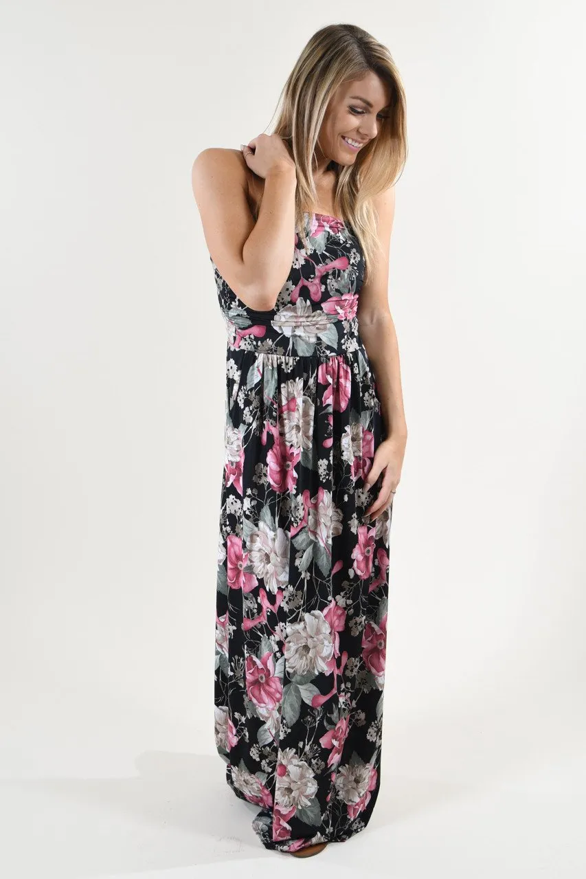 Strapless Floral Maxi Dress ~ Pink & Black