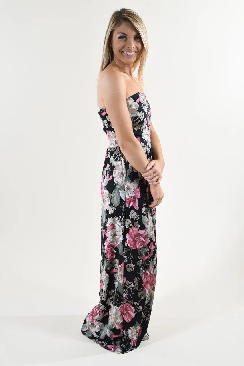 Strapless Floral Maxi Dress ~ Pink & Black