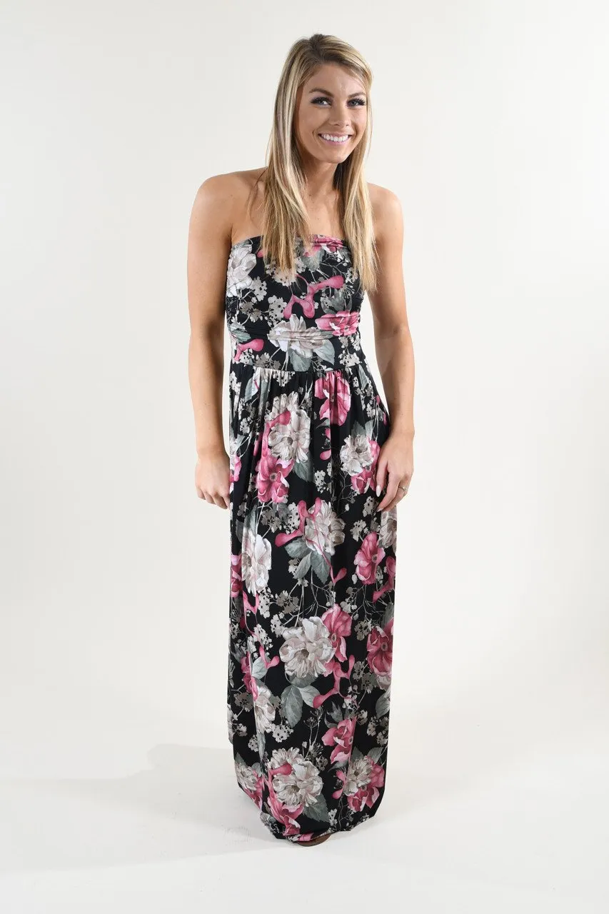 Strapless Floral Maxi Dress ~ Pink & Black