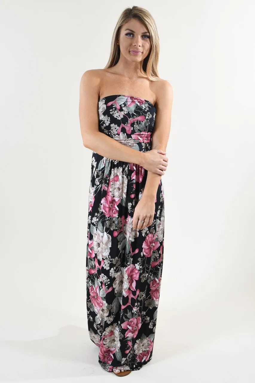 Strapless Floral Maxi Dress ~ Pink & Black