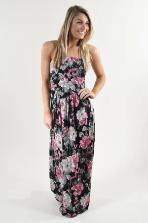 Strapless Floral Maxi Dress ~ Pink & Black