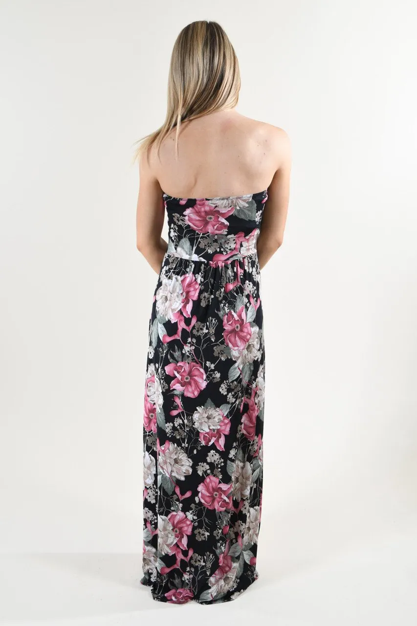 Strapless Floral Maxi Dress ~ Pink & Black