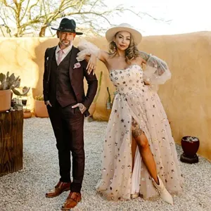 Strapless Long Bishop Sleeves Celestial Wedding Dress High Split Customized A Line Sequins Star Alternative Starry Bridal Gowns