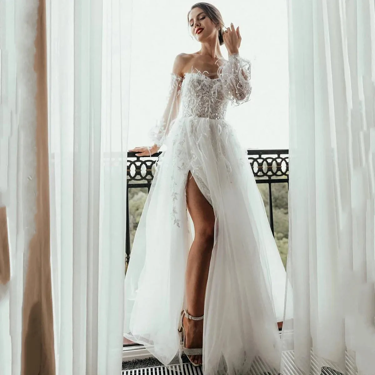Strapless Long Sleeves Feathers Customized Wedding Dress High Thigh Split Lace Up Open Back Beading Sequins Luxe Bridal Gowns