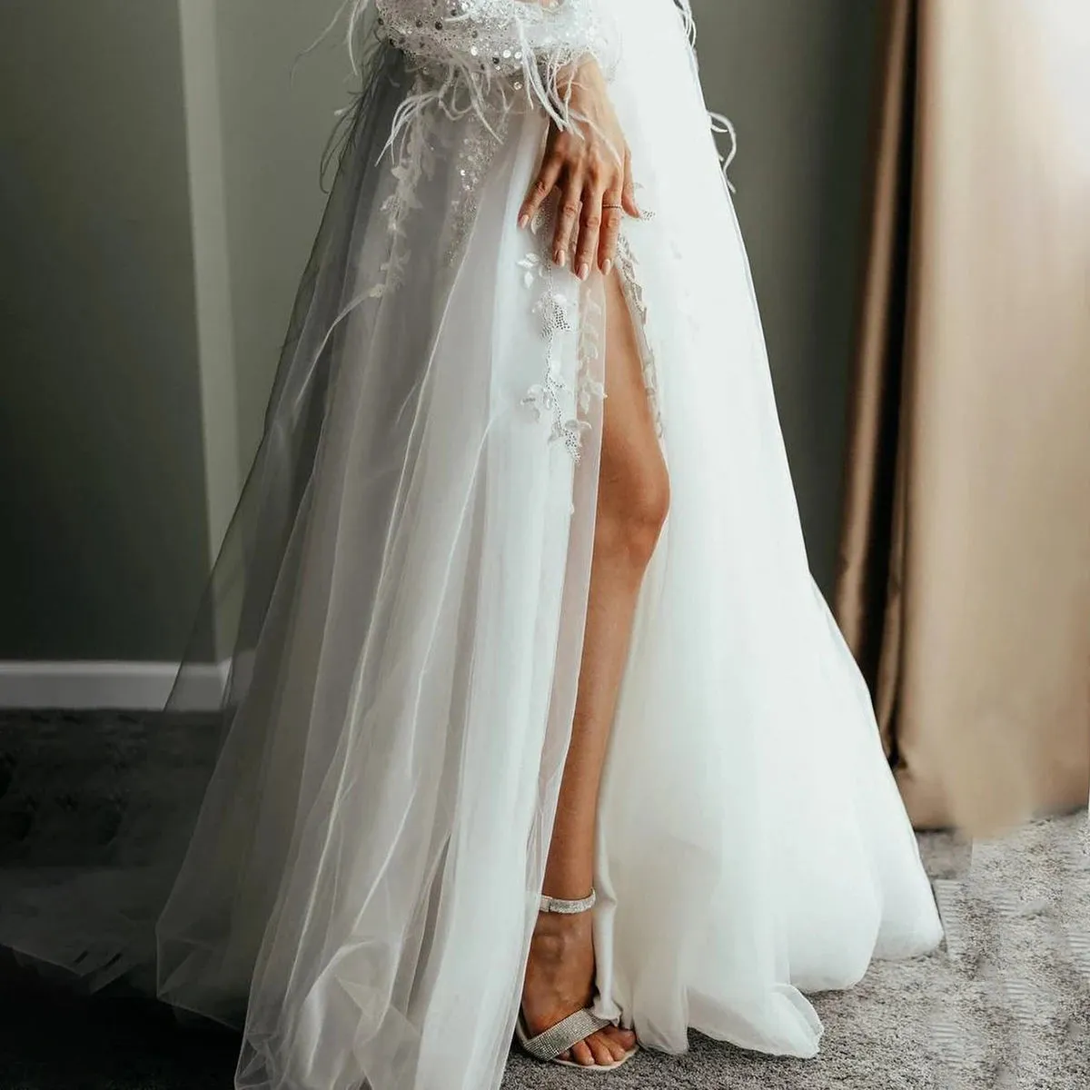 Strapless Long Sleeves Feathers Customized Wedding Dress High Thigh Split Lace Up Open Back Beading Sequins Luxe Bridal Gowns