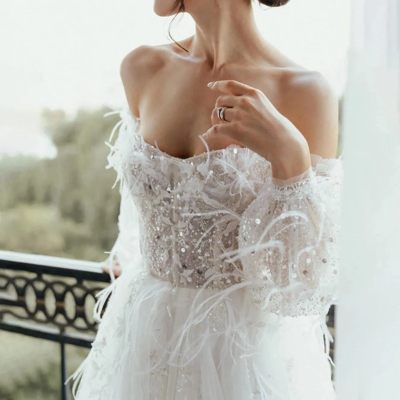 Strapless Long Sleeves Feathers Customized Wedding Dress High Thigh Split Lace Up Open Back Beading Sequins Luxe Bridal Gowns