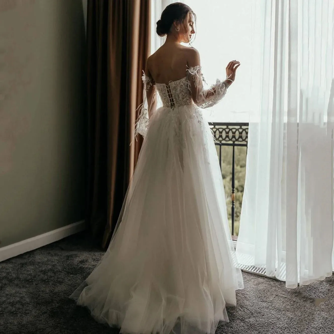 Strapless Long Sleeves Feathers Customized Wedding Dress High Thigh Split Lace Up Open Back Beading Sequins Luxe Bridal Gowns