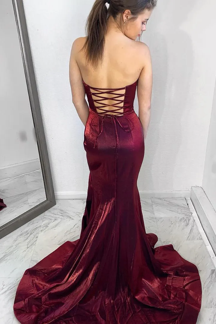 Strapless Mermaid Lace-Up Burgundy Evening Dress with Slit