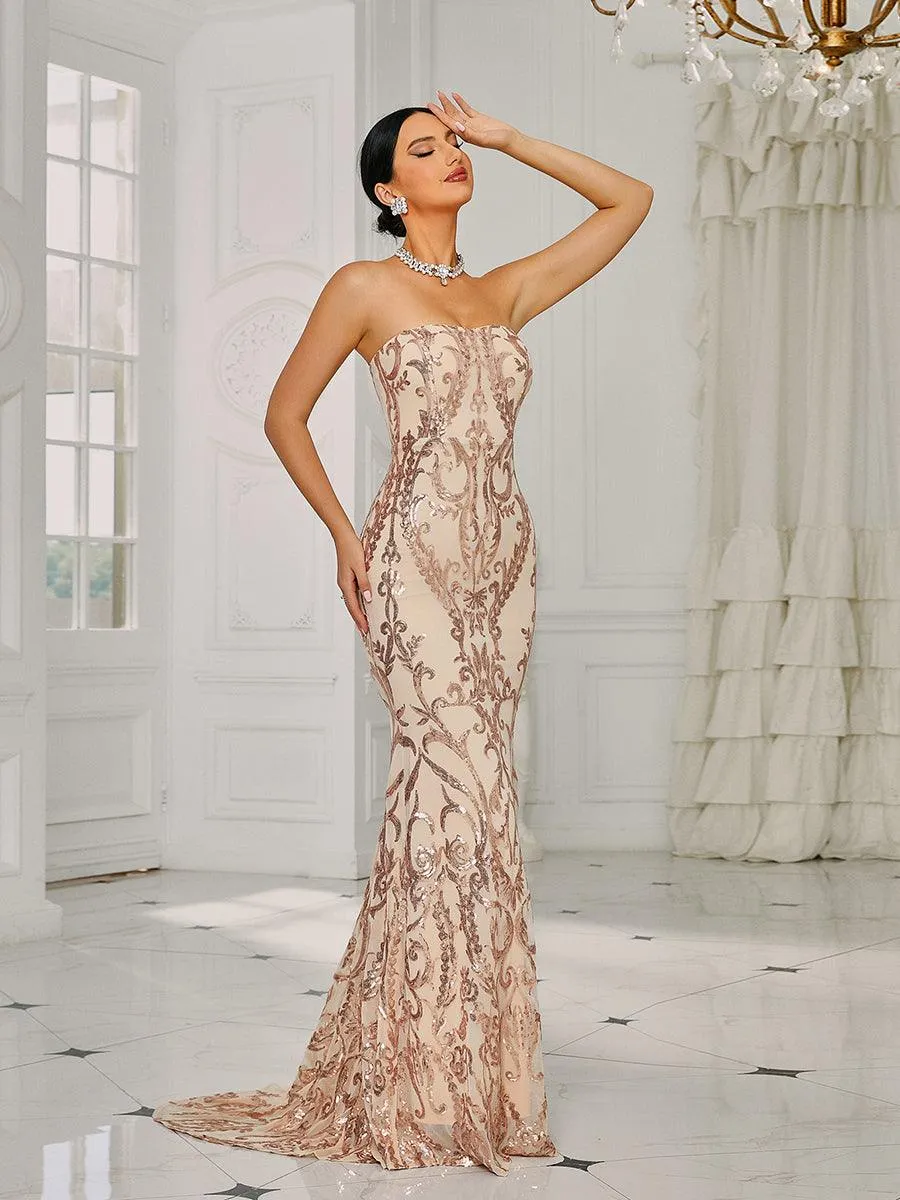 Strapless Mermaid Sequin Maxi Dress XH1342