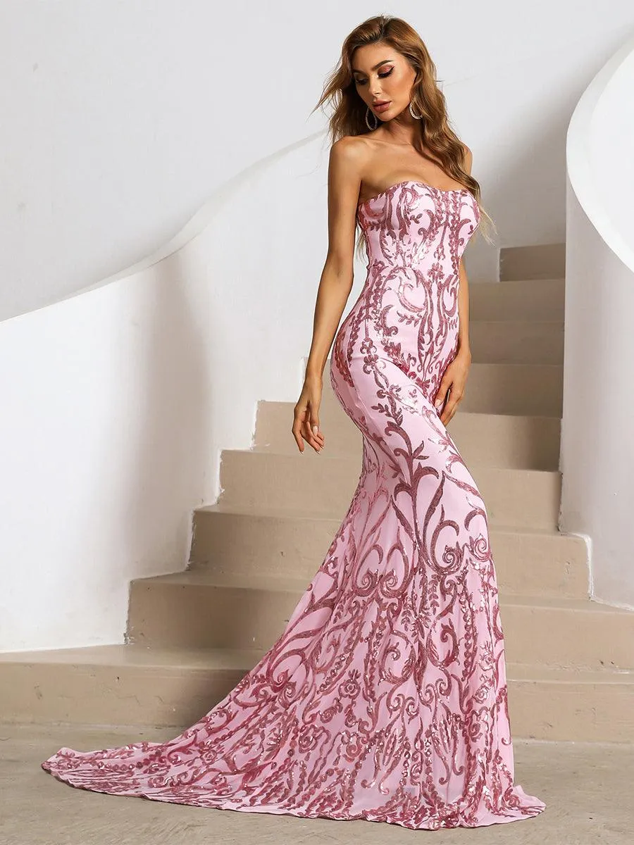 Strapless Mermaid Sequin Maxi Dress XH1342