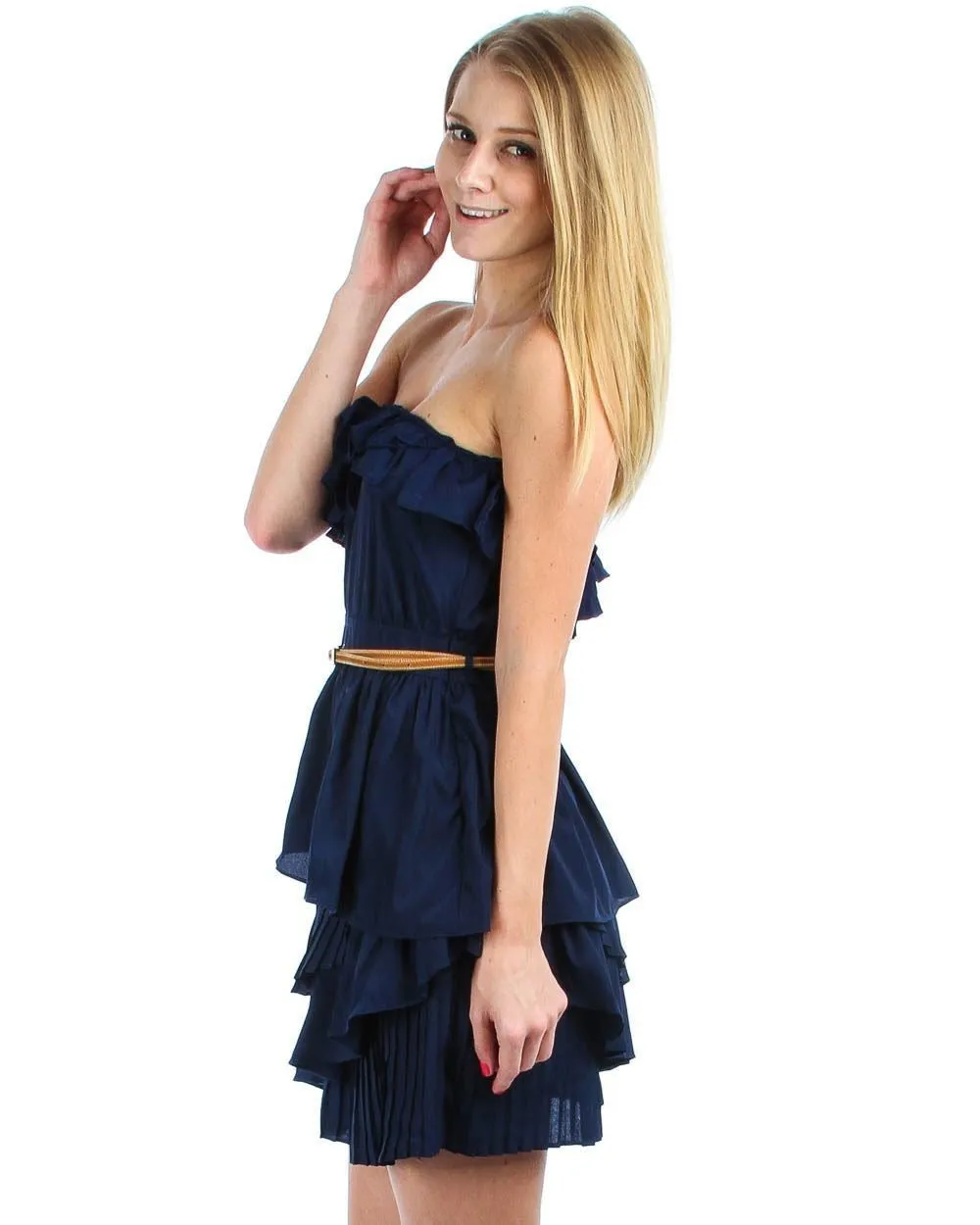 Strapless Mini Dress Ruffle Belt Navy Blue