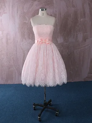 Strapless Short Pink Lace Wedding Dress Reception Dress | QT815012