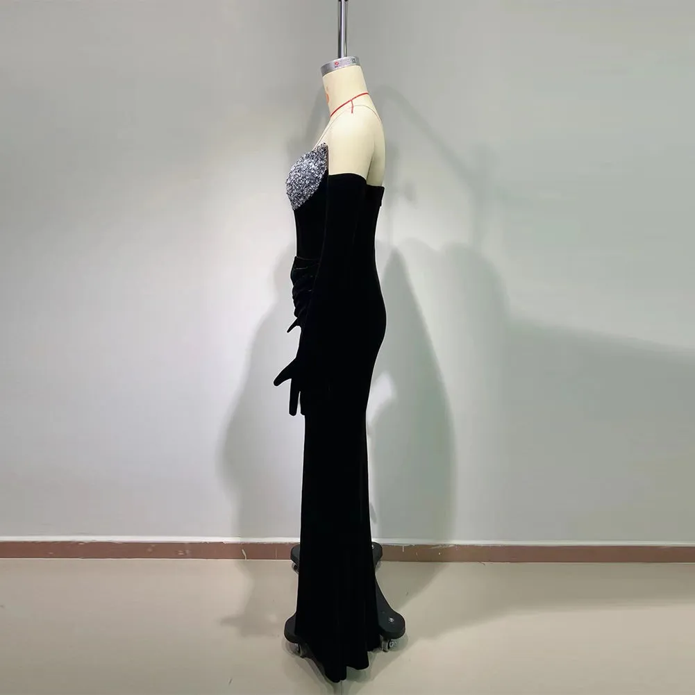 Strapless Sleeveless Sequins Maxi Bodycon Dress HT1169