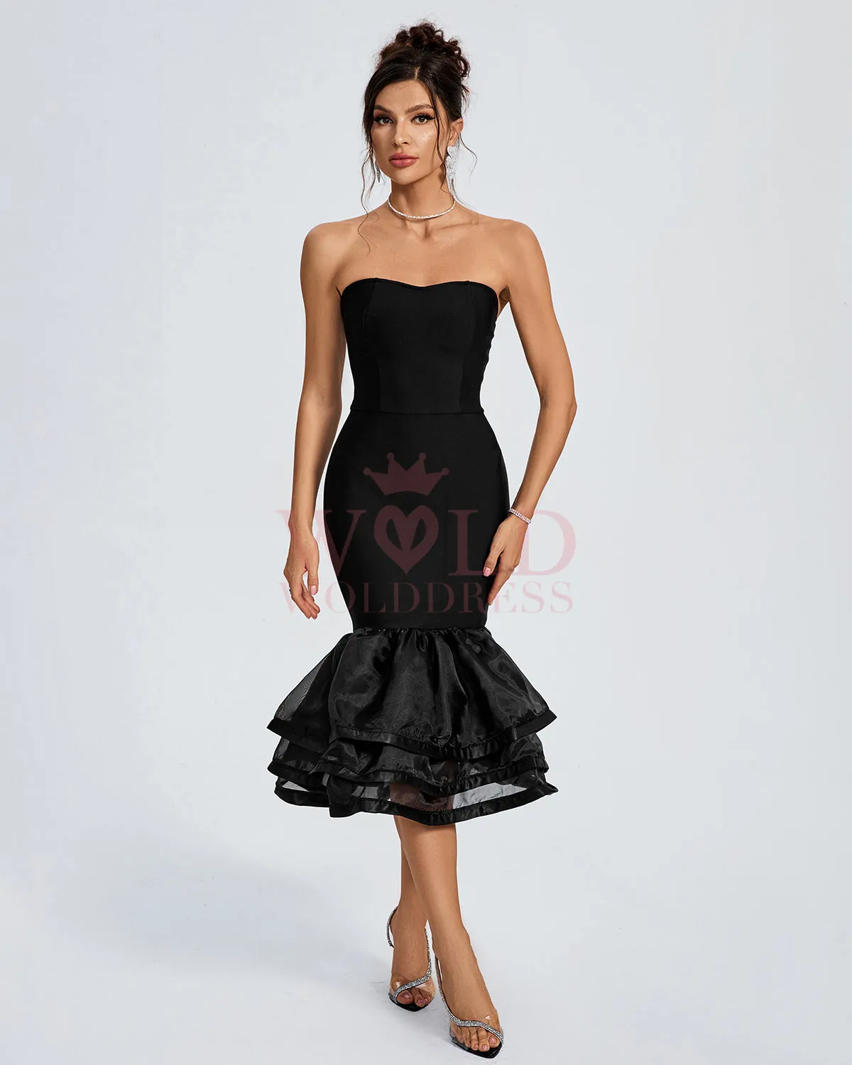 Strapless Tiered Ruffle Hem Bandage Dress
