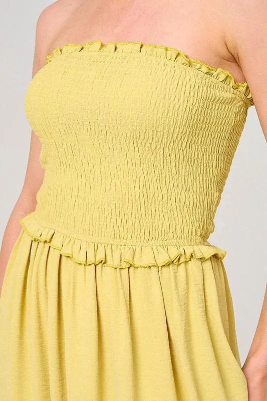 Strapless yellow smocked maxi dress