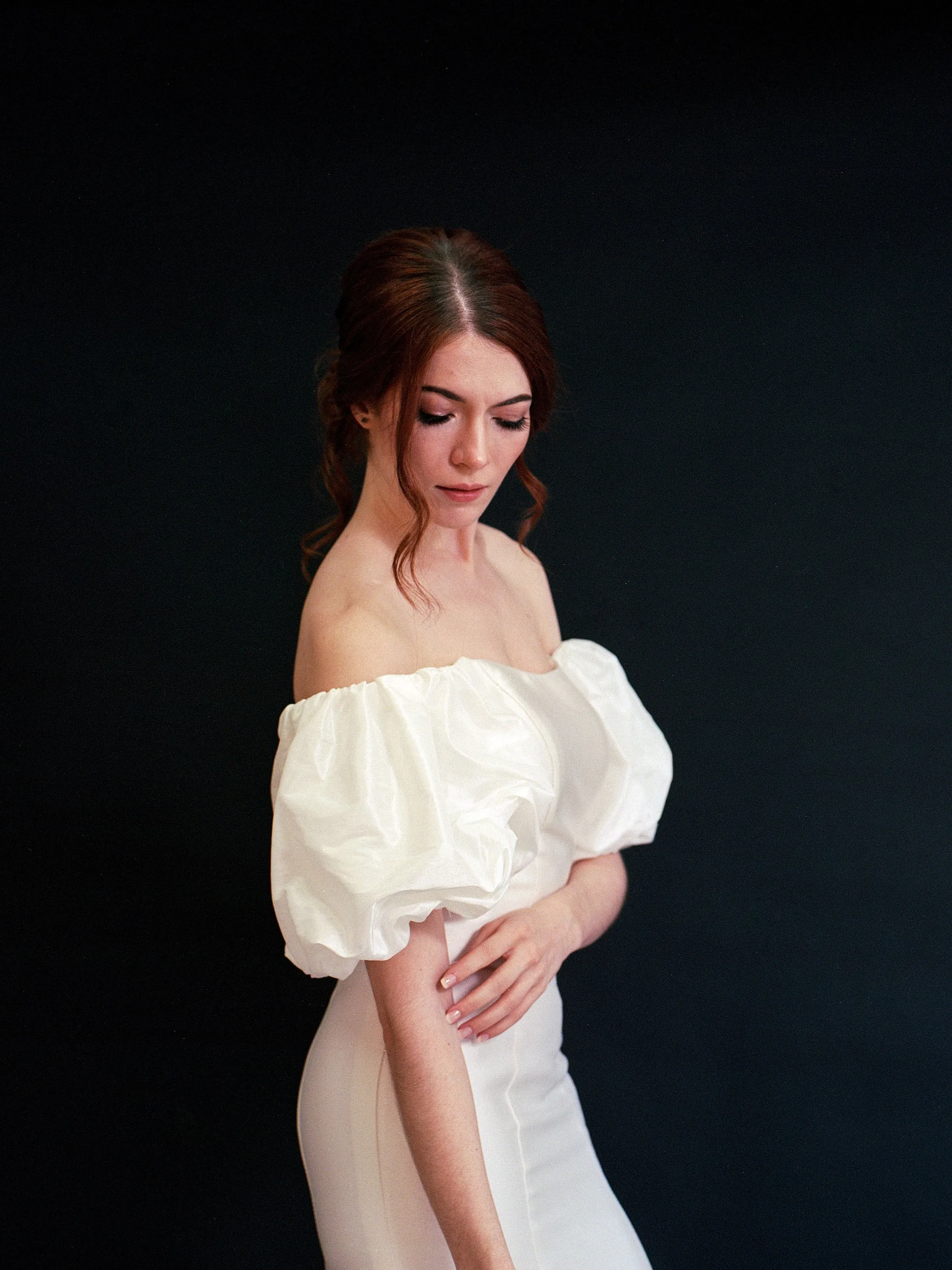Style D2412 -Modern Mikado satin off-the-shoulder puffed bishop sleeves fit and flare crepe Wedding dress