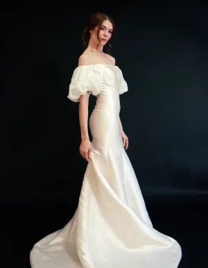 Style D2412 -Modern Mikado satin off-the-shoulder puffed bishop sleeves fit and flare crepe Wedding dress