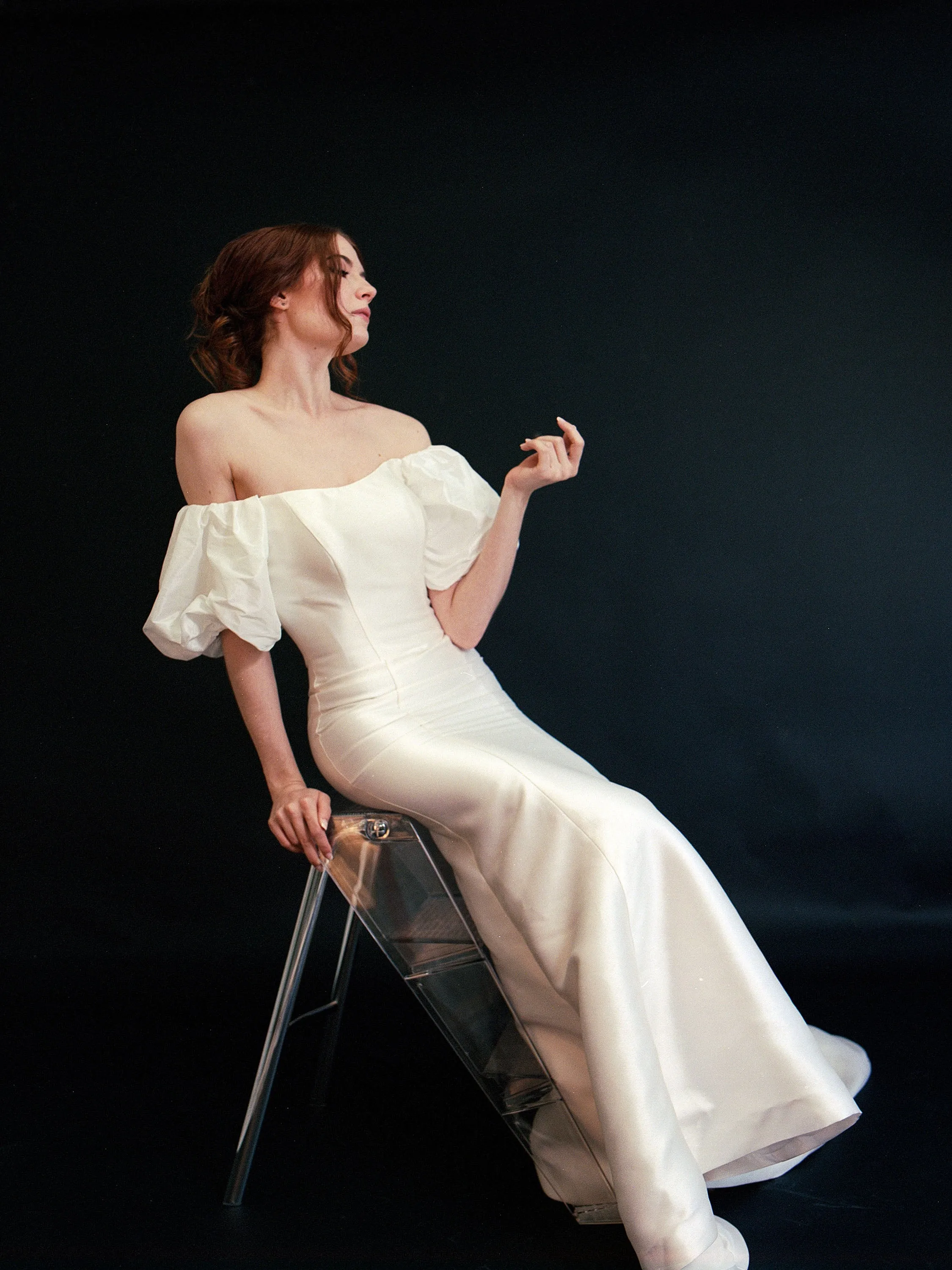 Style D2412 -Modern Mikado satin off-the-shoulder puffed bishop sleeves fit and flare crepe Wedding dress