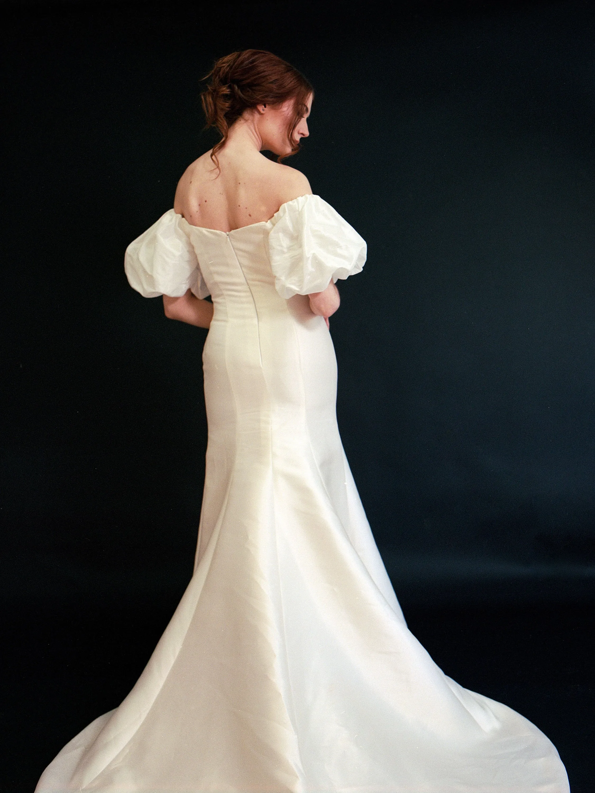 Style D2412 -Modern Mikado satin off-the-shoulder puffed bishop sleeves fit and flare crepe Wedding dress