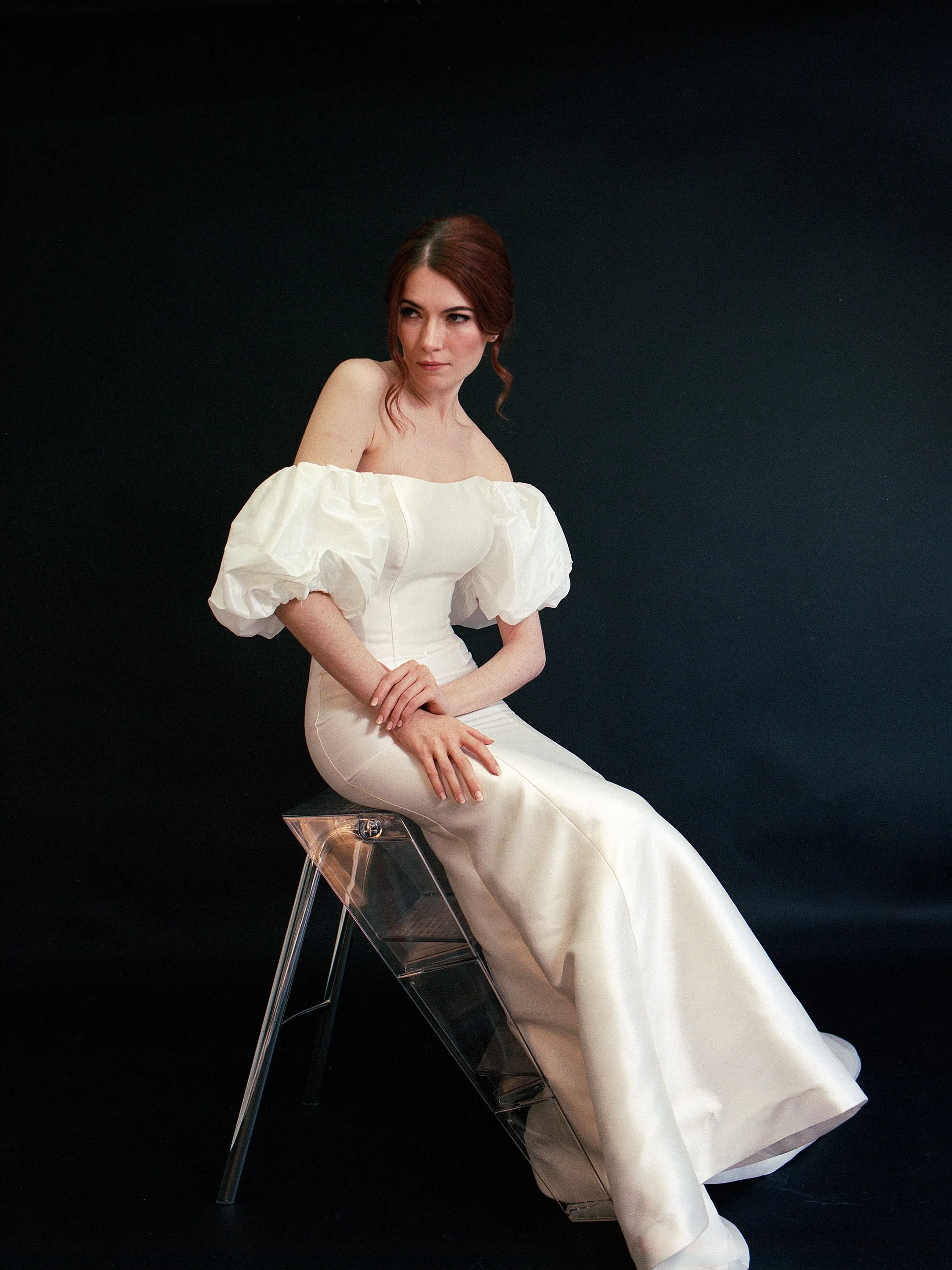 Style D2412 -Modern Mikado satin off-the-shoulder puffed bishop sleeves fit and flare crepe Wedding dress