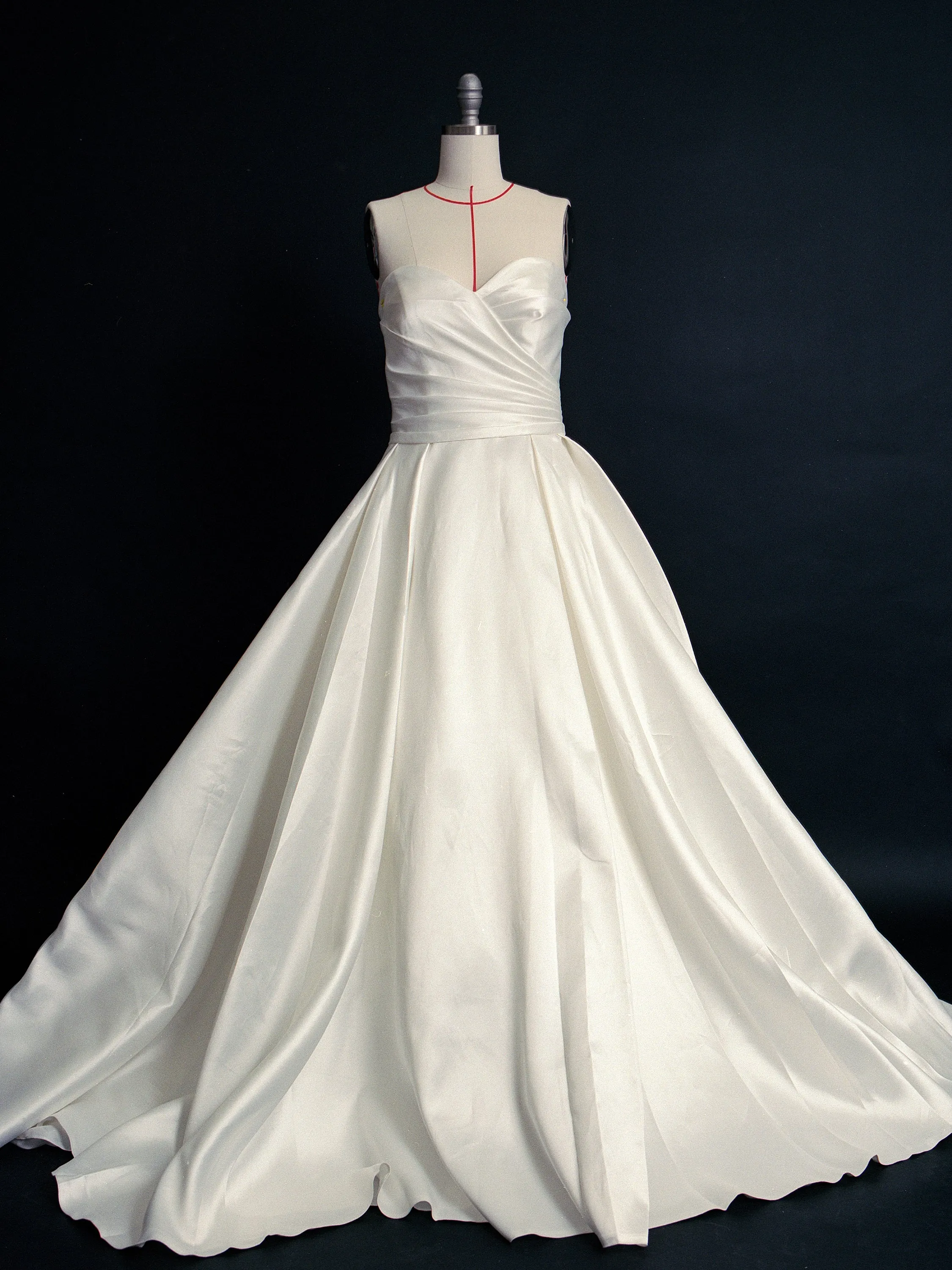 Style D2417 - Lux Satin Strapless Pleated Bodice Thigh Slit Elegant A-line gown with detachable puffed sleeves