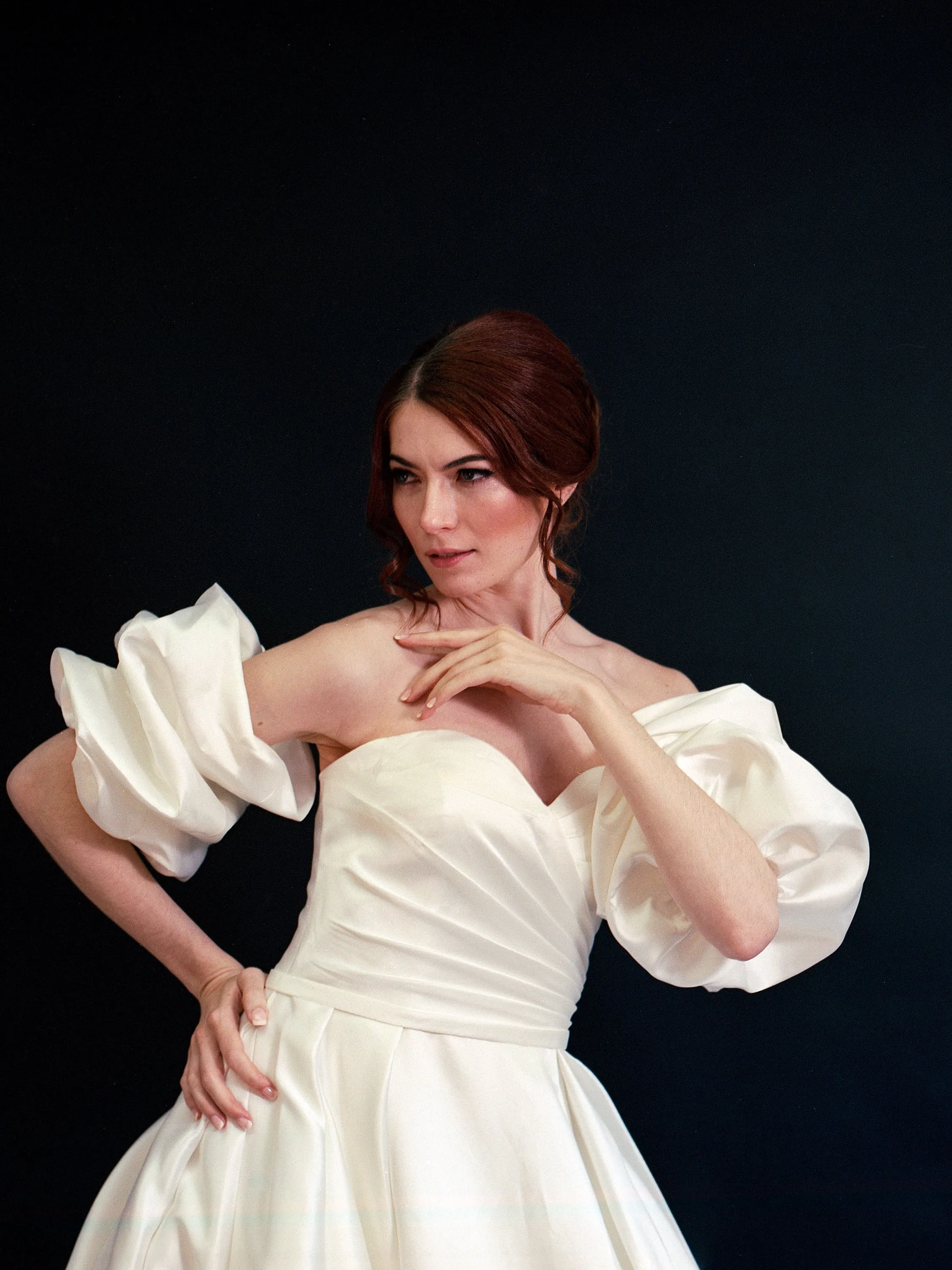 Style D2417 - Lux Satin Strapless Pleated Bodice Thigh Slit Elegant A-line gown with detachable puffed sleeves