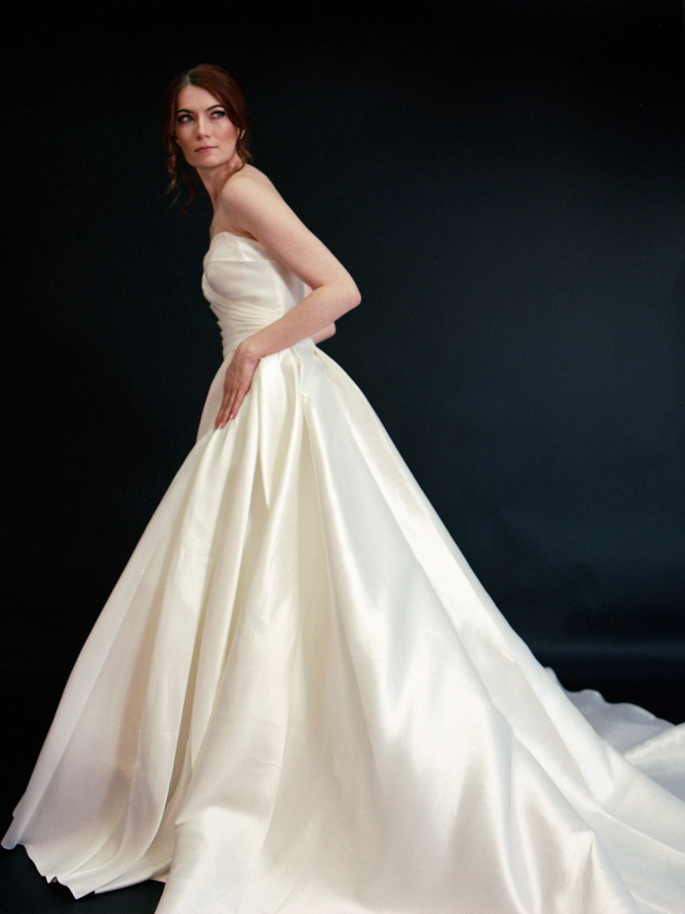 Style D2417 - Lux Satin Strapless Pleated Bodice Thigh Slit Elegant A-line gown with detachable puffed sleeves