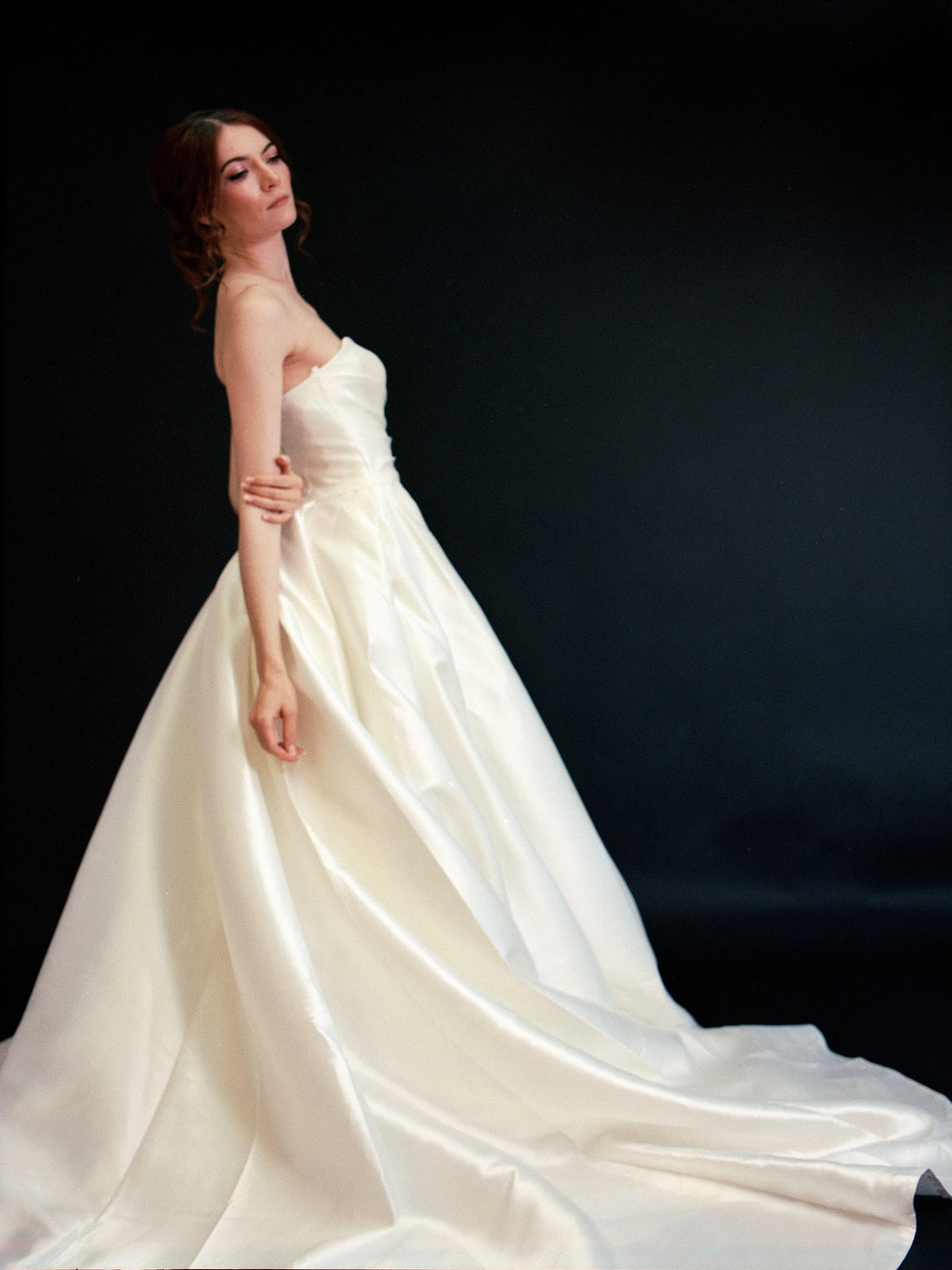 Style D2417 - Lux Satin Strapless Pleated Bodice Thigh Slit Elegant A-line gown with detachable puffed sleeves