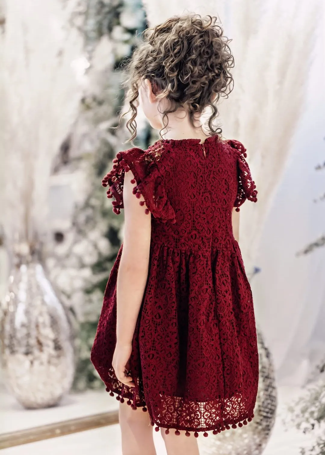 Sunflower Lace Pom Pom Trim Girl Dress in Burgundy