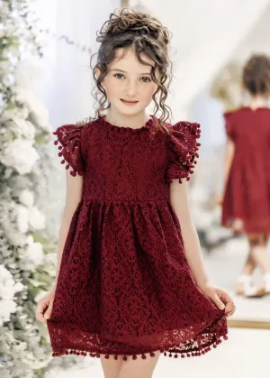 Sunflower Lace Pom Pom Trim Girl Dress in Burgundy