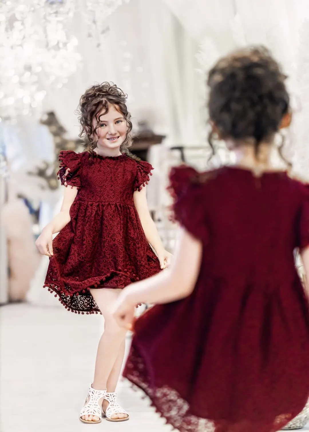 Sunflower Lace Pom Pom Trim Girl Dress in Burgundy