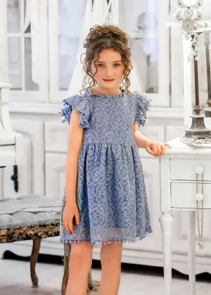 Sunflower Lace Pom Pom Trim Girl Dress in Dusty Blue