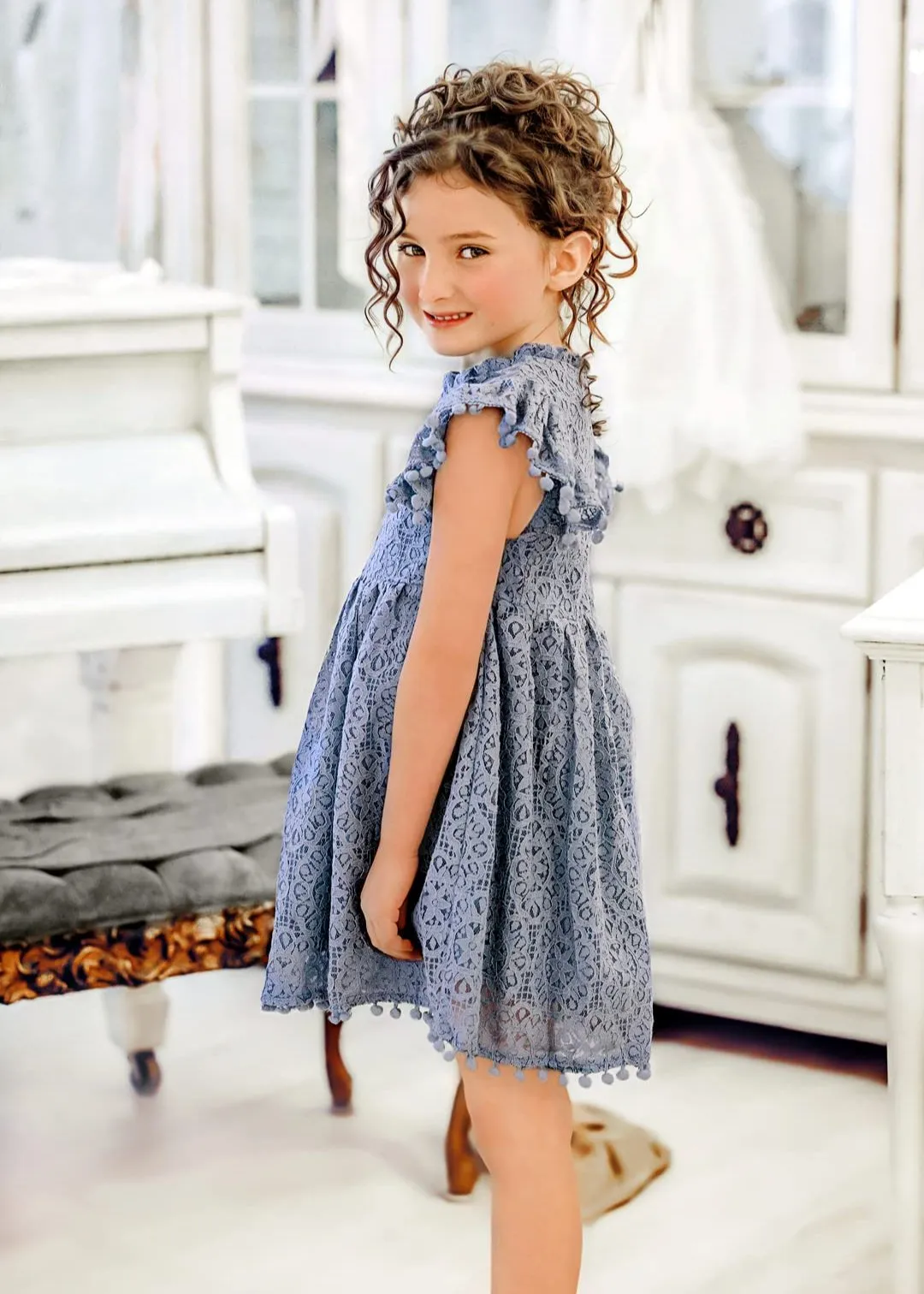 Sunflower Lace Pom Pom Trim Girl Dress in Dusty Blue