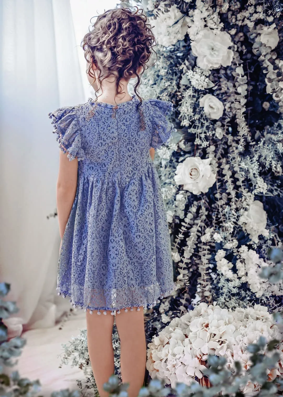 Sunflower Lace Pom Pom Trim Girl Dress in Dusty Blue