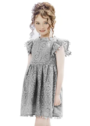 Sunflower Lace Pom Pom Trim Girl Dress in Light Gray