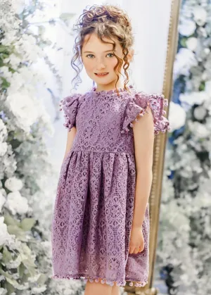 Sunflower Lace Pom Pom Trim Girl Dress in Mauve