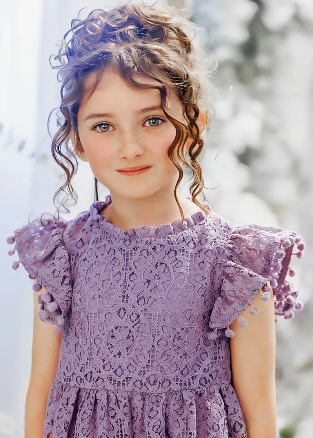 Sunflower Lace Pom Pom Trim Girl Dress in Mauve