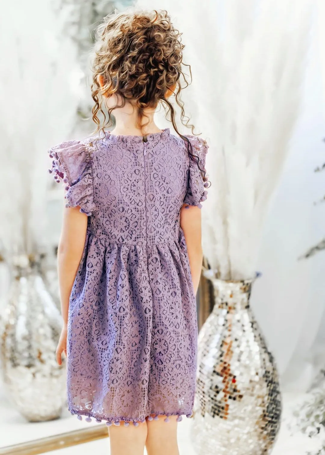 Sunflower Lace Pom Pom Trim Girl Dress in Mauve