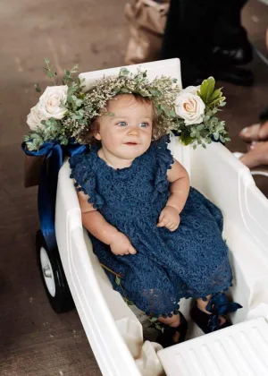 Sunflower Lace Pom Pom Trim Girl Dress in Navy
