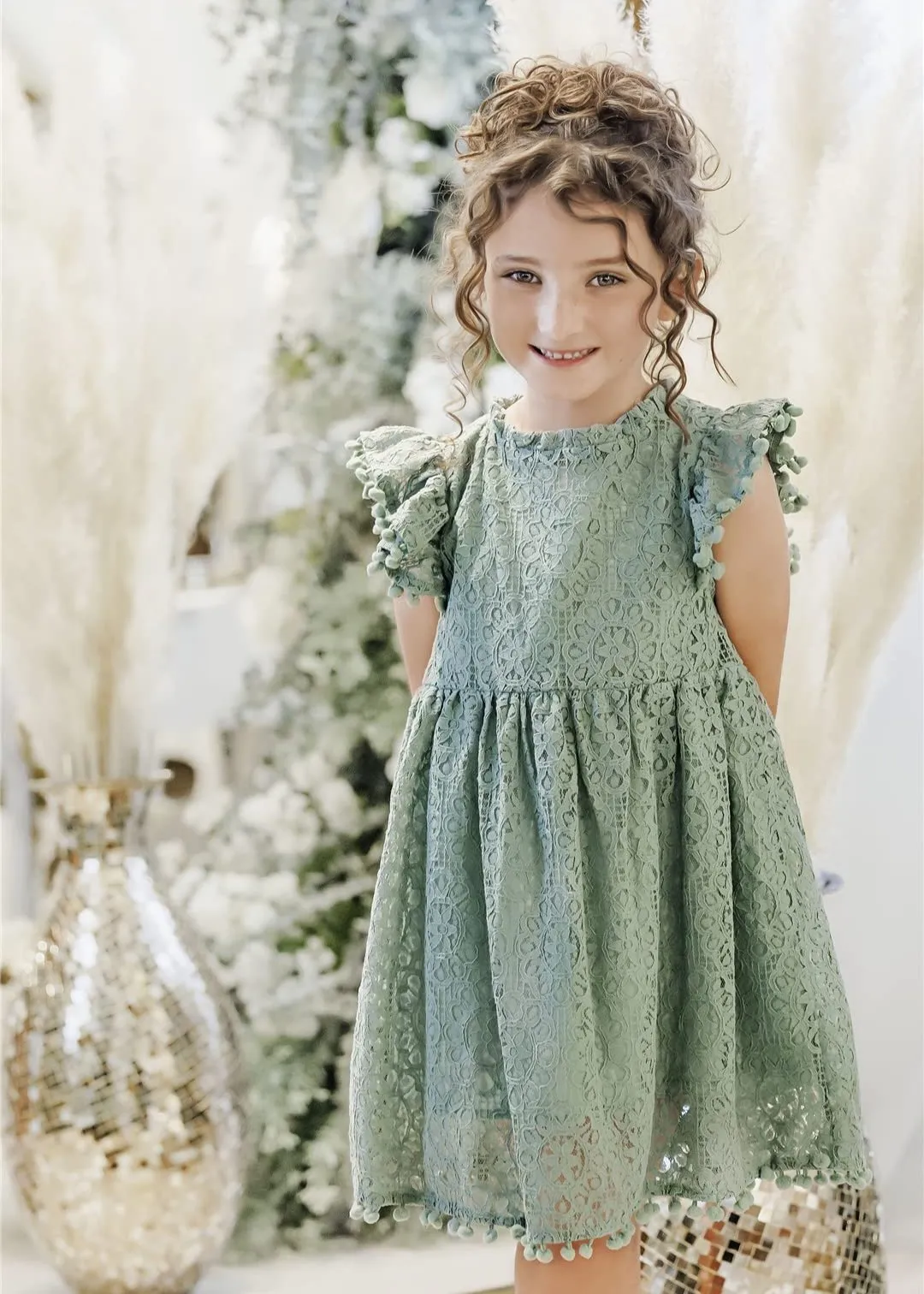 Sunflower Lace Pom Pom Trim Girl Dress in Sage