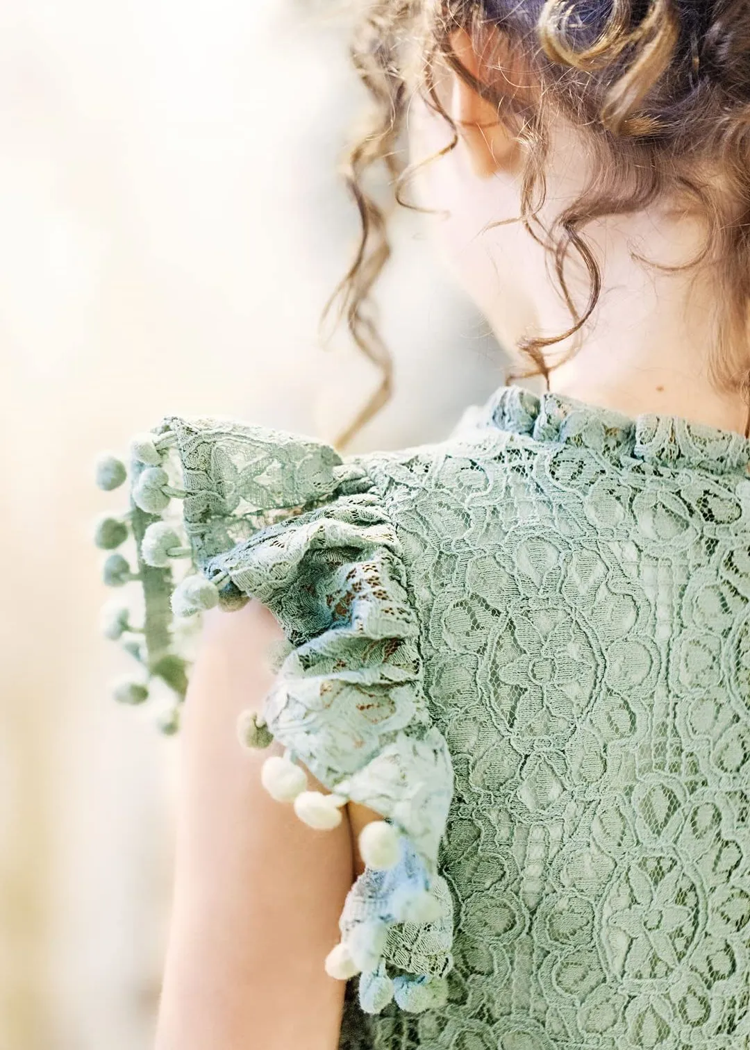 Sunflower Lace Pom Pom Trim Girl Dress in Sage