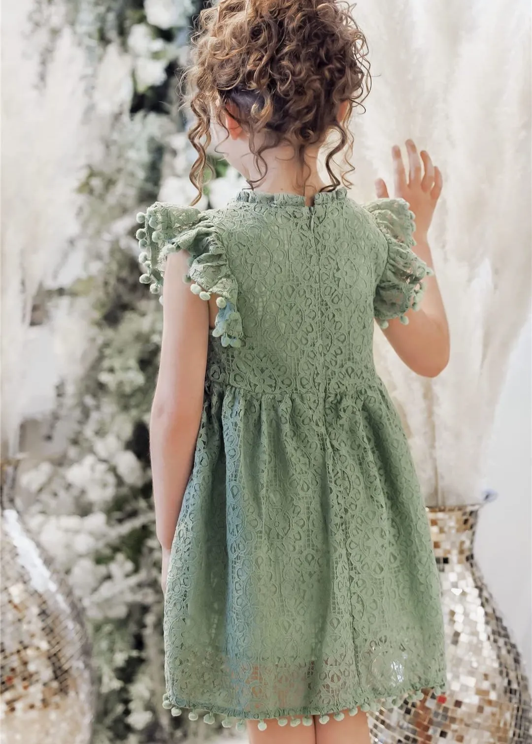 Sunflower Lace Pom Pom Trim Girl Dress in Sage