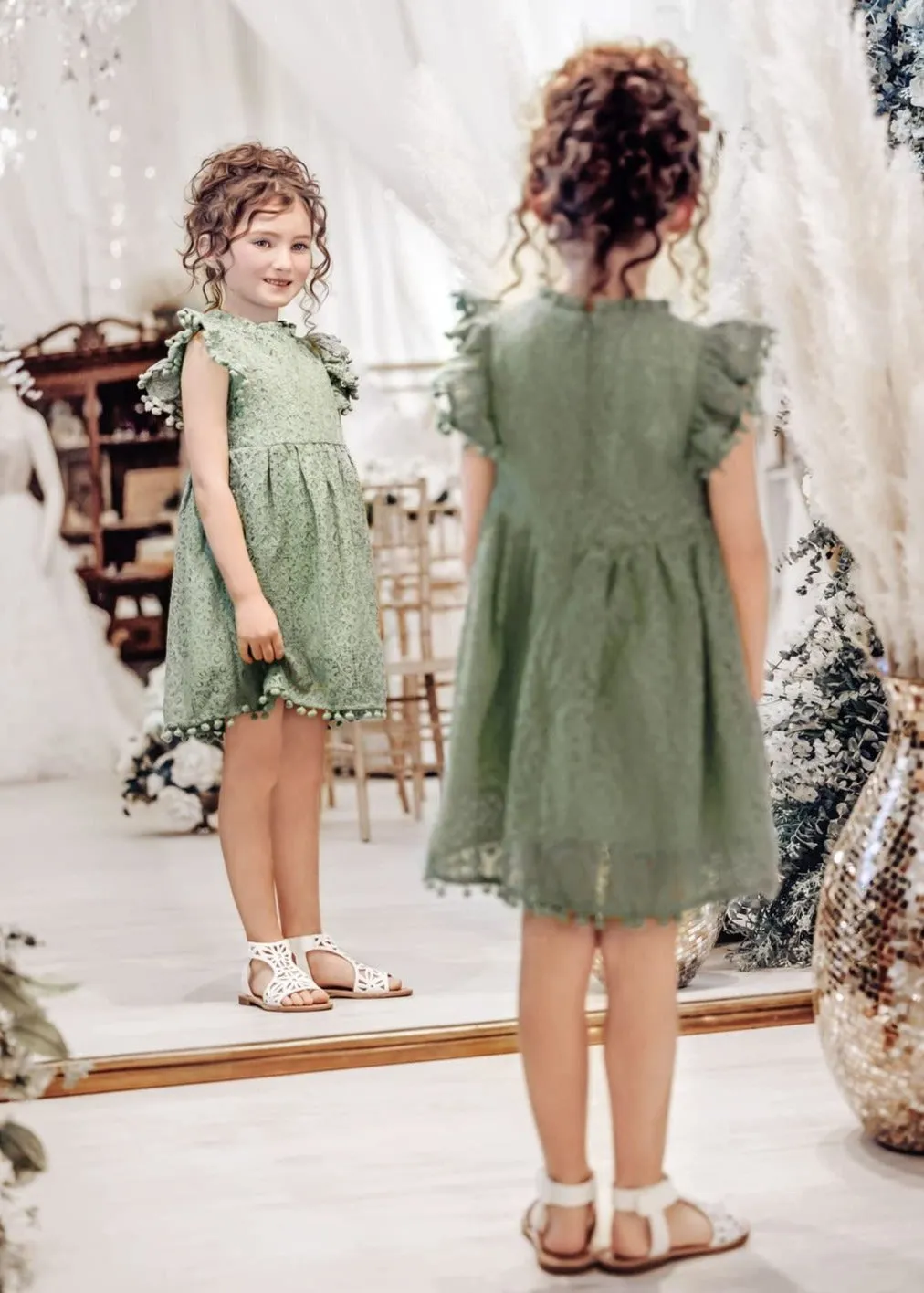 Sunflower Lace Pom Pom Trim Girl Dress in Sage