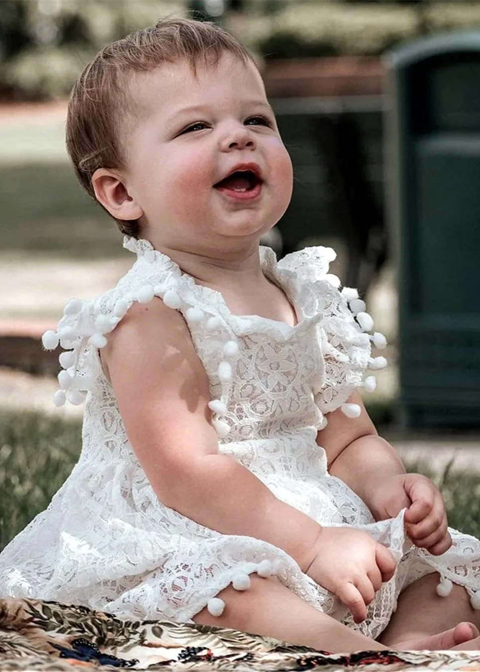 Sunflower Lace Pom Pom Trim Girl Dress in White