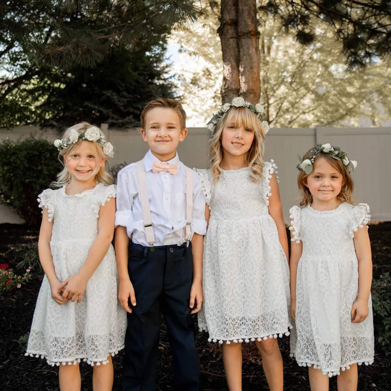 Sunflower Lace Pom Pom Trim Girl Dress in White