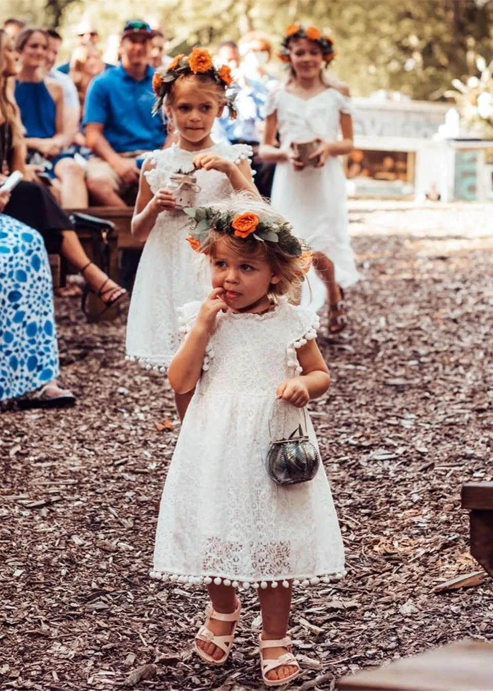 Sunflower Lace Pom Pom Trim Girl Dress in White