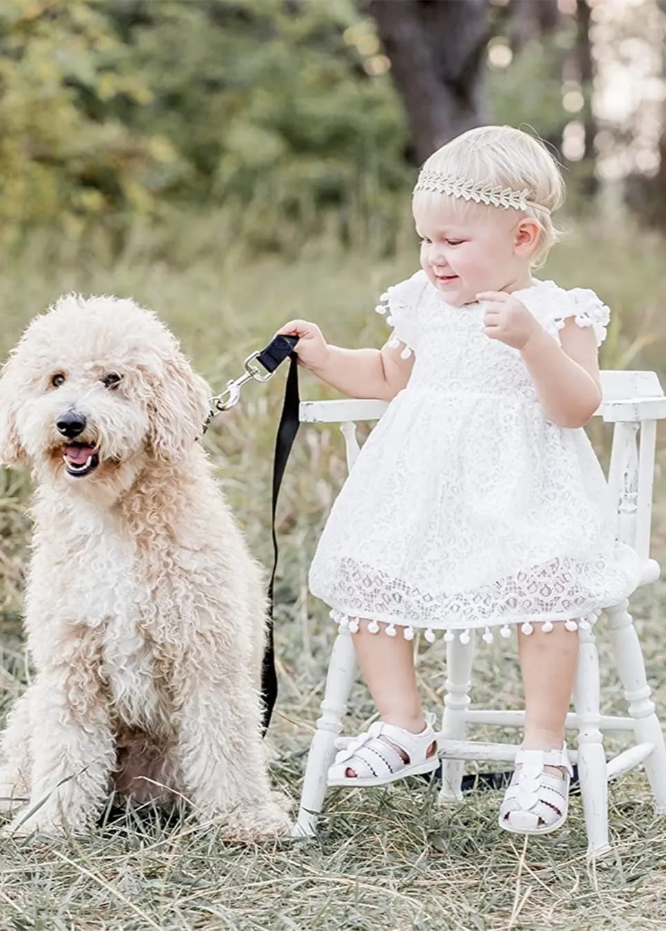 Sunflower Lace Pom Pom Trim Girl Dress in White