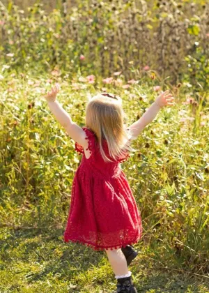 Sunflower Lace Pom Pom Trim Girl Dress in Wine Red